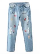 Choies Blue Light Wash Embroidery Letter Ripped Jeans