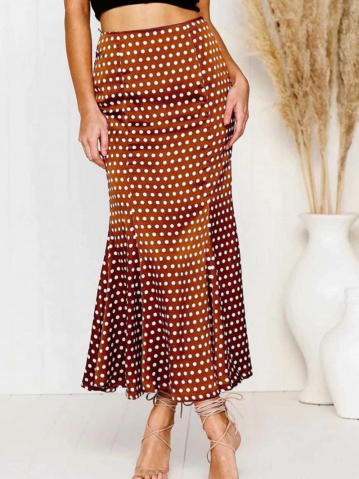 Choies Brown Satin Look High Waist Polka Dot Print Ruffle Trim Maxi Skirt