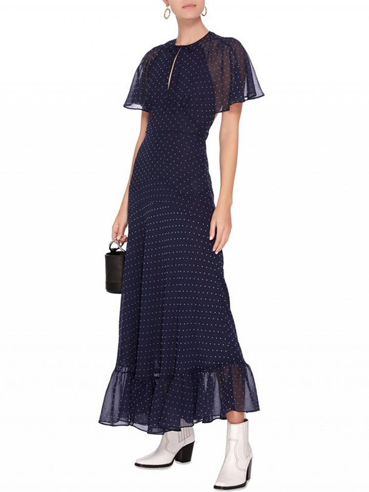 Choies Dark Blue Chiffon Polka Dot Print Open Back Chic Women Maxi Dress