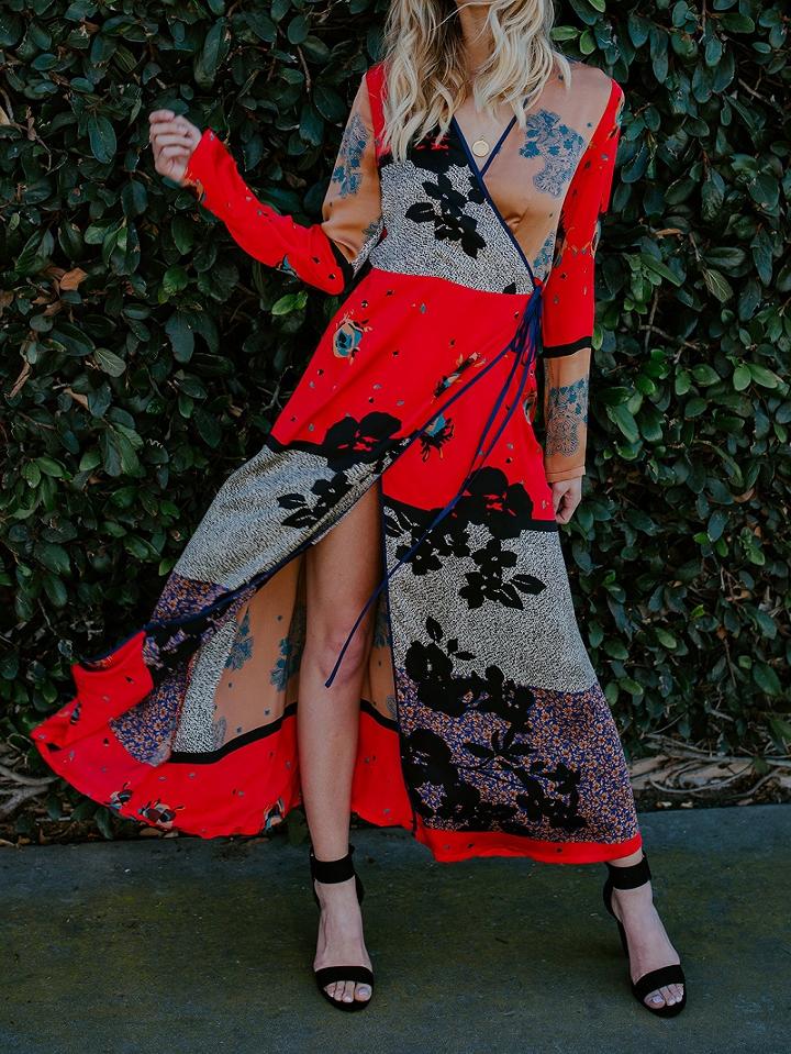 Choies Red Chiffon V-neck Floral Print Long Sleeve Chic Women Maxi Dress