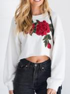 Choies White 3d Embroidery Floral Dip Hem Crop Sweatshirt