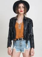 Choies Black Fringed Crop Pu Biker Jacket