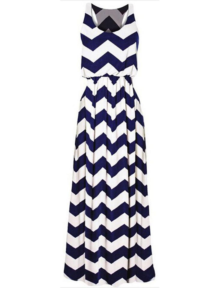 Choies Blue Chevron Pattern Sleeveless High Waist Maxi Dress
