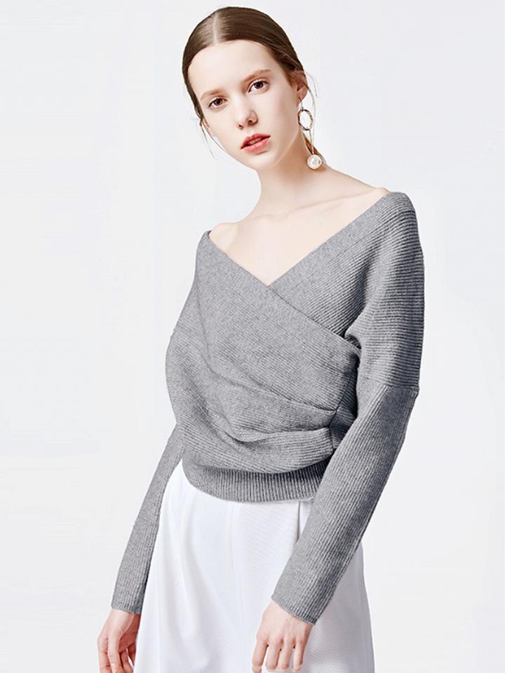 Choies Gray V-neck Wrap Front Knit Sweater