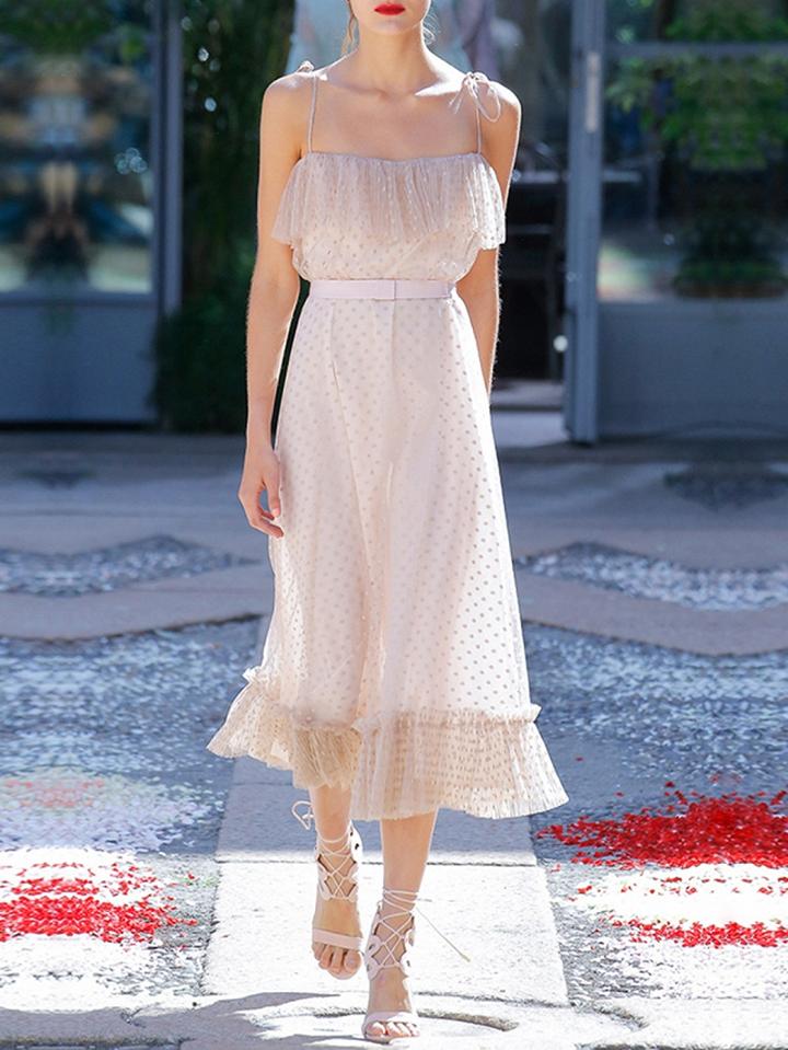 Choies Beige Polka Dot Ruffle Trim Chic Women Sheer Mesh Cami Midi Dress