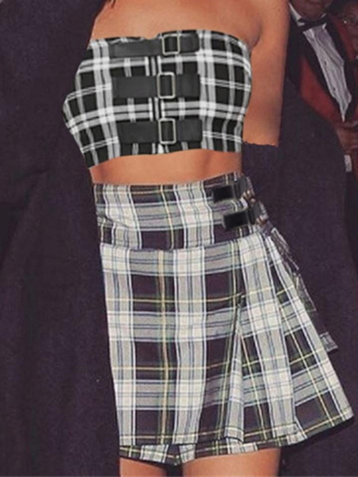 Choies Black Cotton Plaid Asymmetric Hem Chic Women High Waist Mini Skirt