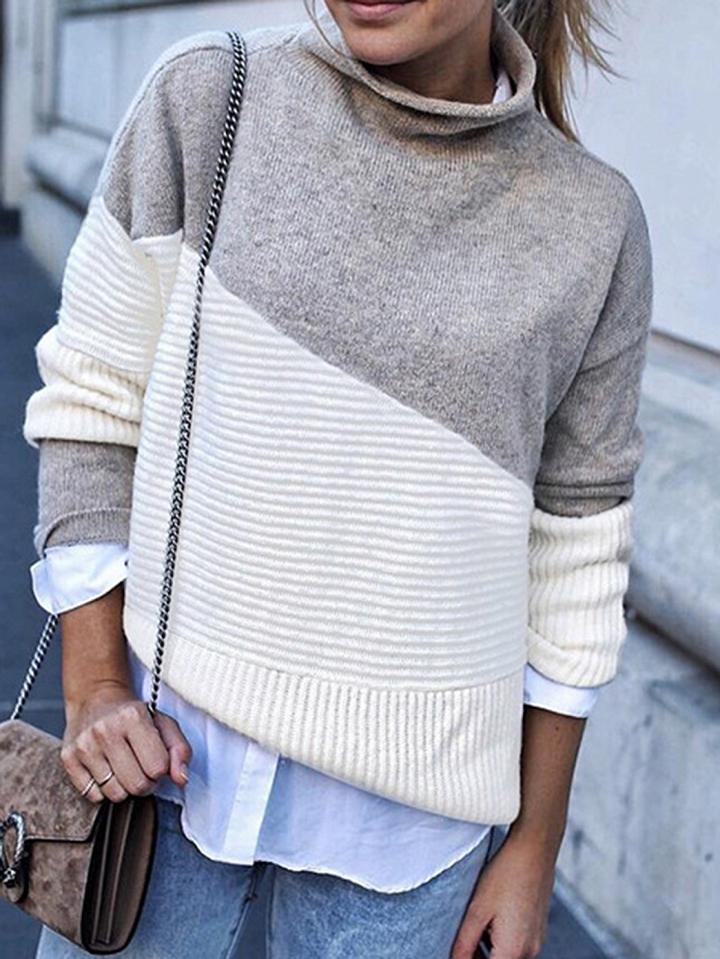 Choies Gray Contrast High Neck Long Sleeve Women Sweater