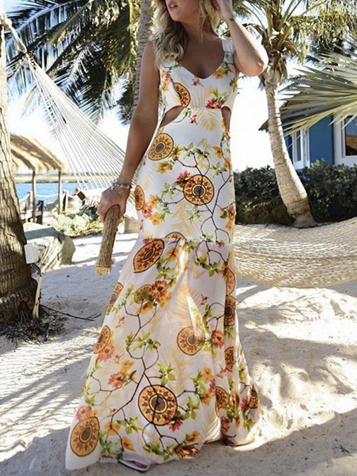 Choies Orange V-neck Cut Out Print Detail Maxi Dress