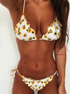 Choies White Sunflower Print Frill Trim Bikini Top And Bottom
