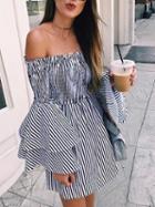 Choies Black Stripe Off Shoulder Layered Flare Sleeve Mini Dress