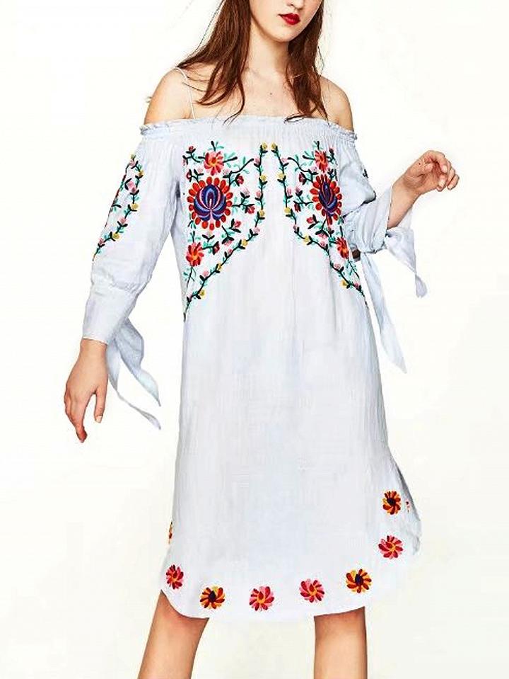 Choies Blue Off Shoulder Embroidery Floral Bow Sleeve Shift Dress