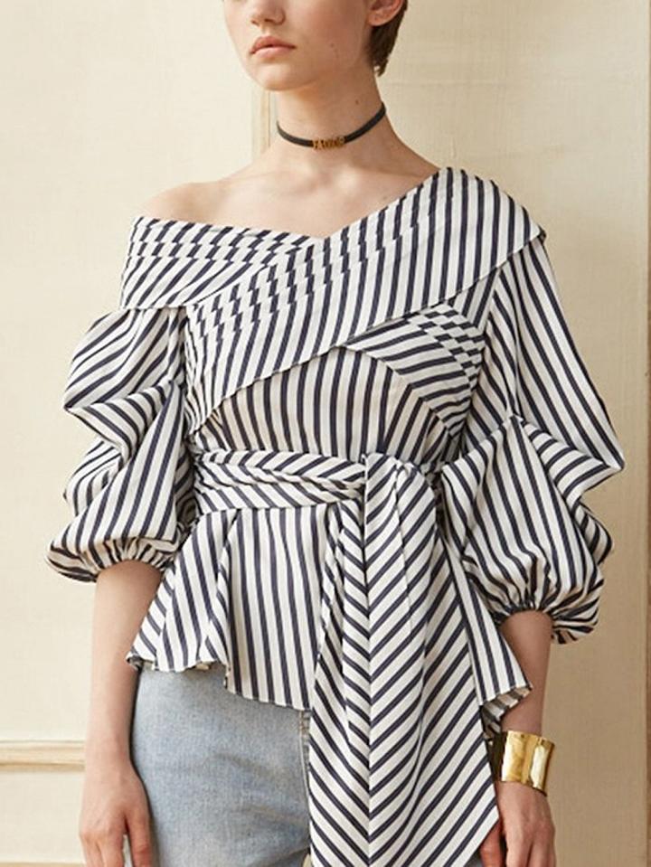 Choies Blue Stripe Cross Front Tie Waist Puff Sleeve Blouse
