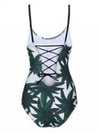 Choies White Leaf Print Lace Up Back One-piece Swimsuit