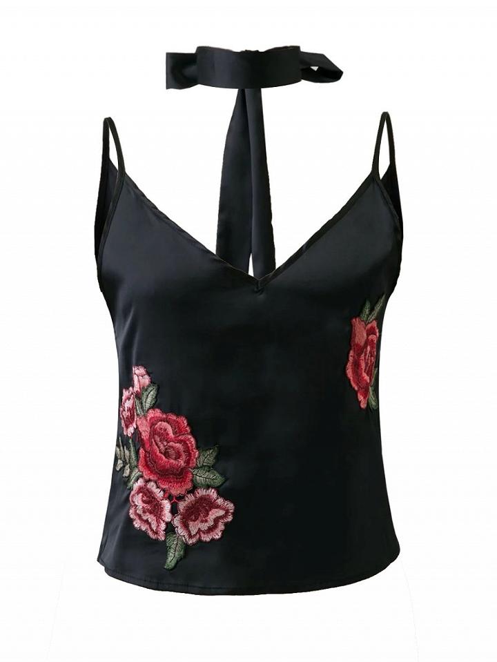 Choies Black Embroidery Floral Choker Neck Cami Top