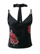 Choies Black Embroidery Floral Choker Neck Cami Top