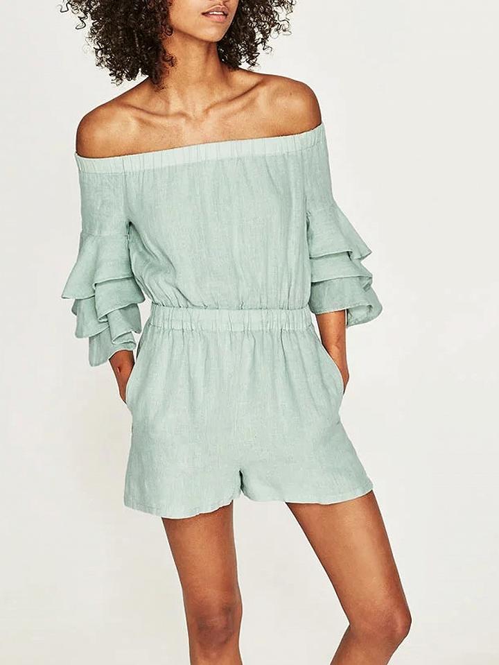 Choies Light Green Off Shoulder Ruffle Sleeve Romper Playsuit