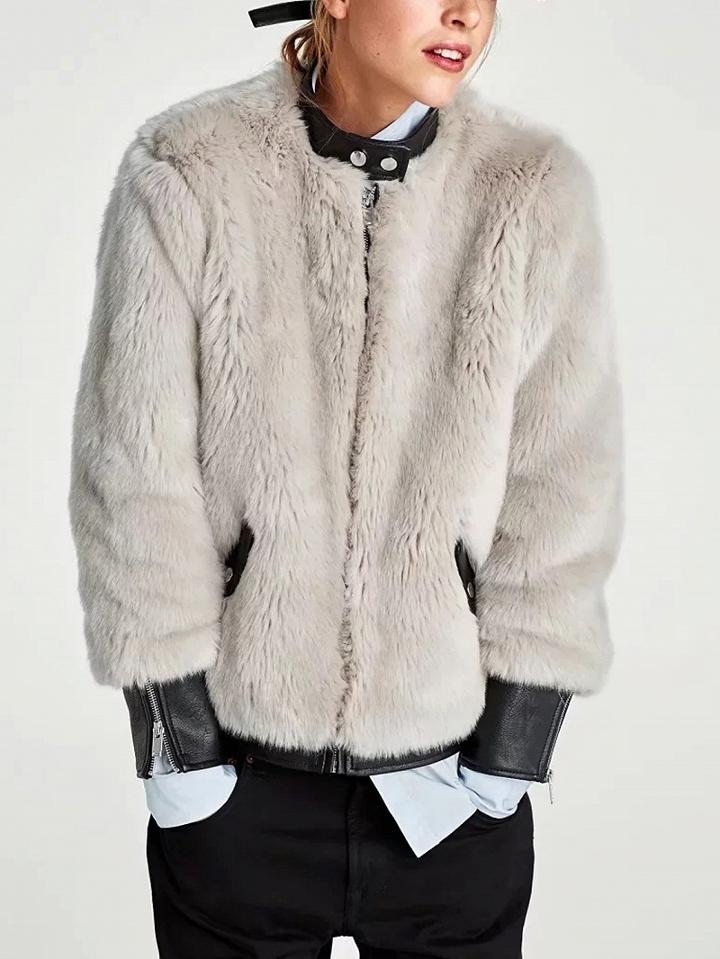 Choies White Pu Panel Zip Cuff Long Sleeve Faux Fur Coat