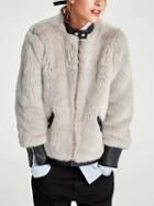 Choies White Pu Panel Zip Cuff Long Sleeve Faux Fur Coat