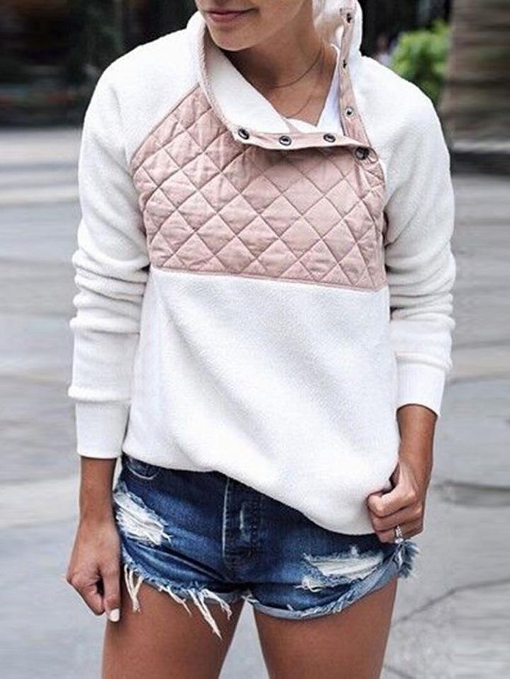 Choies White High Neck Plaid Panel Long Sleeve Women Fleece Sweatshirt