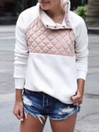 Choies White High Neck Plaid Panel Long Sleeve Women Fleece Sweatshirt