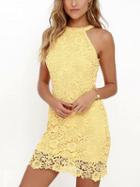 Choies Yellow Halter Cut Away Shoulder Lace Dress
