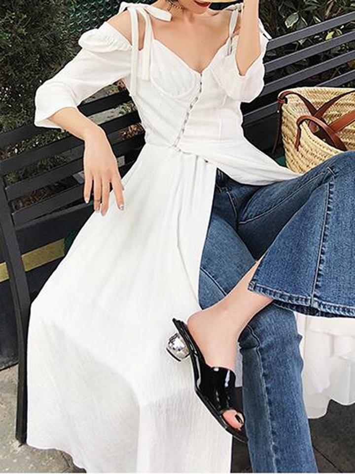Choies Women's White V-neck Cold Shoulder Bow Shoulder Split Mid Dress