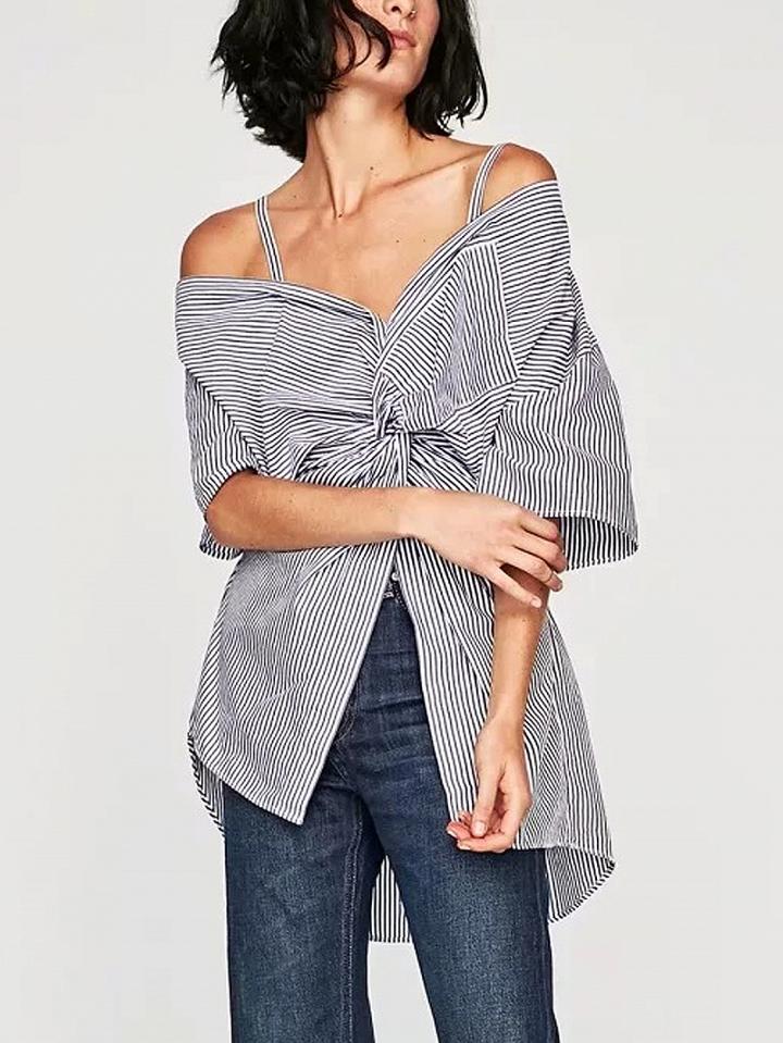 Choies Blue Stripe Cold Shoulder Twist Front Half Sleeve Cami Shirt