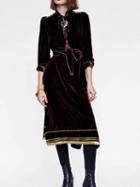 Choies Burgundy Velvet Tie Waist Split Side Long Sleeve Midi Dress