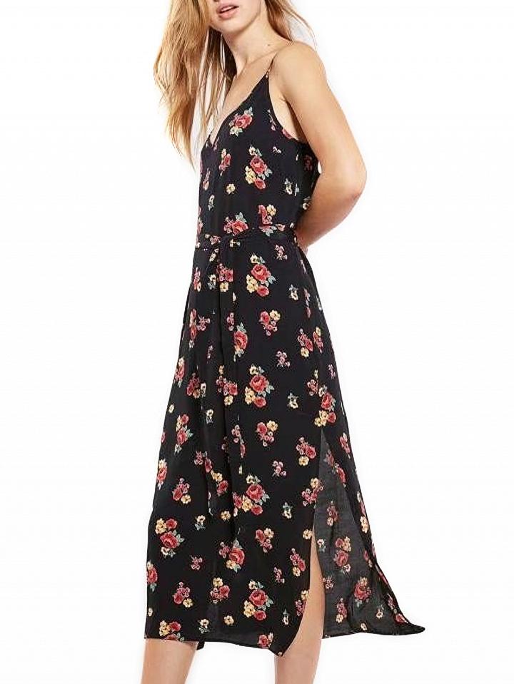 Choies Black Floral Print Tie Waist Split Caimi Midi Dress