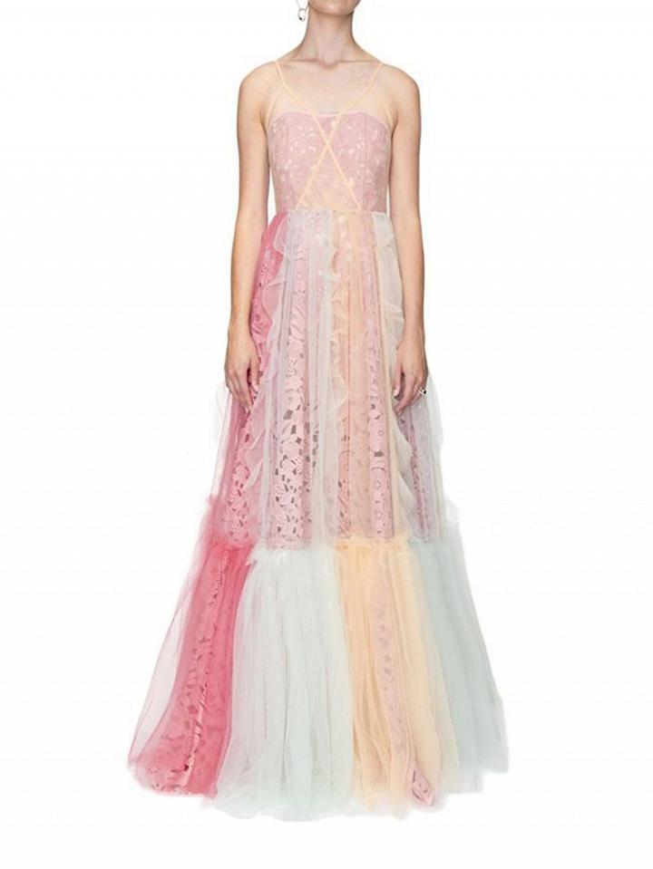 Choies Pink Crochet Lace Rainbow Mesh Overlay Maxi Dress