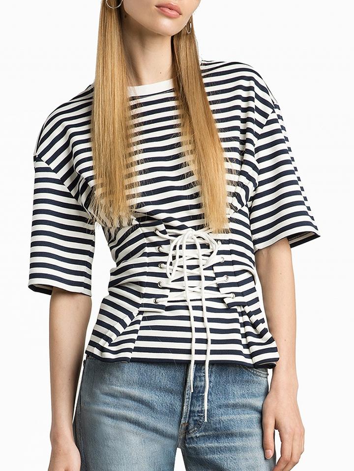 Choies Monochrome Striped Lace Up Corset Detail Half Sleeve T-shirt