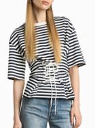 Choies Monochrome Striped Lace Up Corset Detail Half Sleeve T-shirt