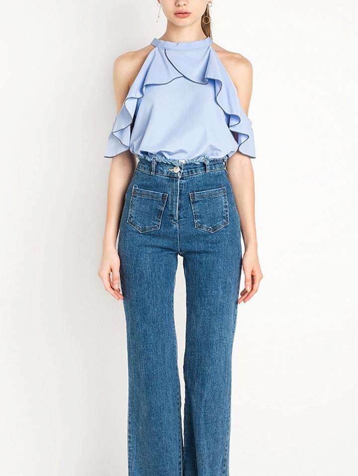 Choies Blue Choker Neck Cut Away Ruffle Trim Top
