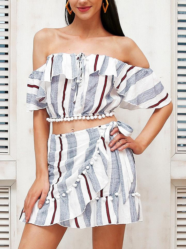 Choies Gray Stripe Off Shoulder Crop Top And High Waist Mini Skirt