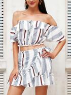 Choies Gray Stripe Off Shoulder Crop Top And High Waist Mini Skirt