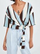Choies Multicolor Stripe V-neck Tie Waist Chic Women Blouse