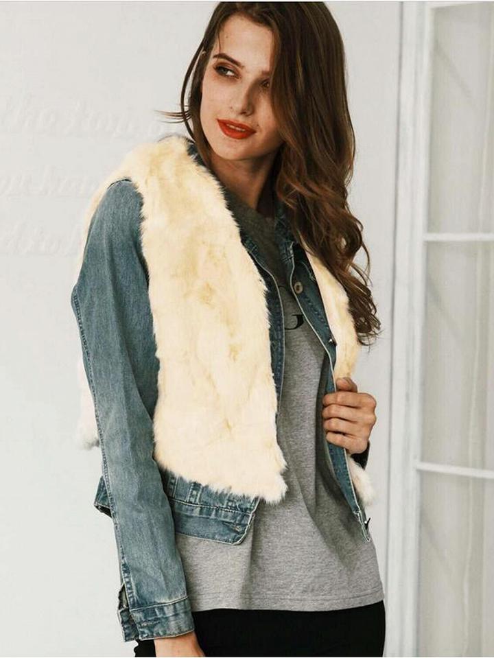 Choies Beige Open Front Sleeveless Faur Fur Waistcoat