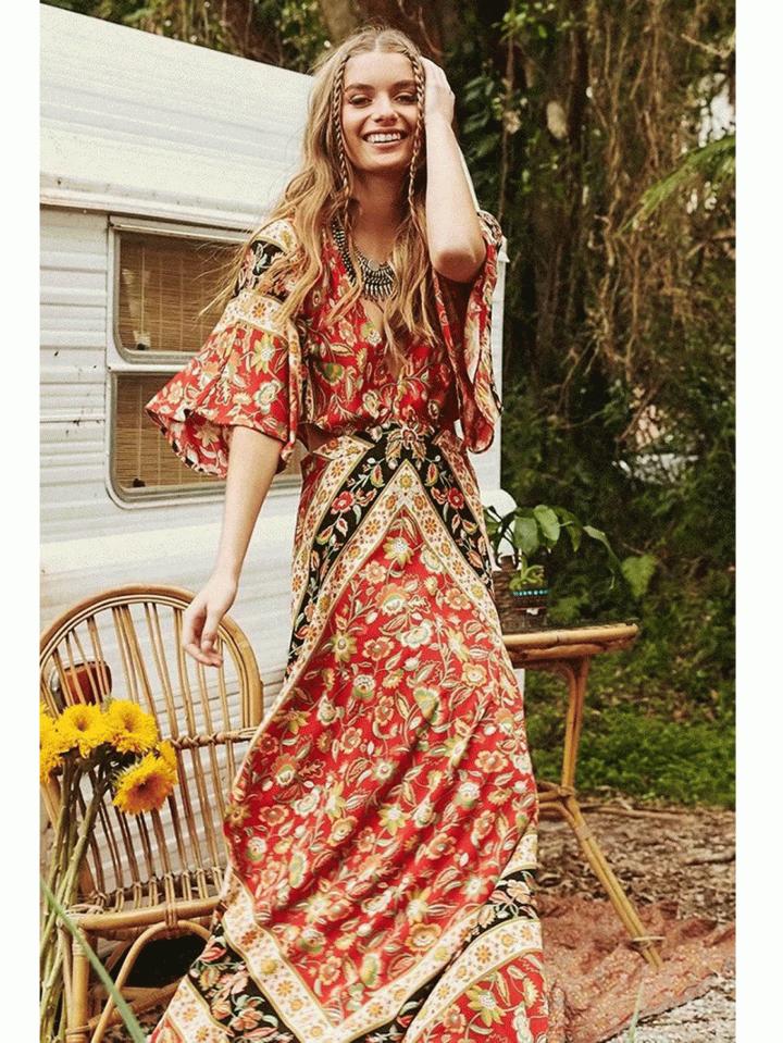 Choies Red V-neck Floral Print Thigh Split Side Open Back Maxi Dress