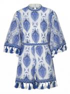Choies Blue Lace Embroidery Tribal Pattern Tassel Trim Romper Playsuit