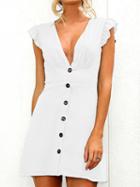 Choies White Plunge Button Placket Front Frill Trim Mini Dress