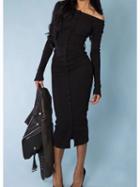 Choies Black Ribbed Off Shoulder Button Placket Front Long Sleeve Midi Dress