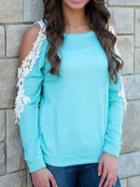 Choies Blue Crochet Lace Detial Cold Shoulder Long Sleeve T-shirt