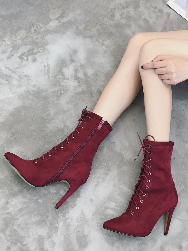 Choies Red Faux Suede Lace Up Pointed Heeled Boots