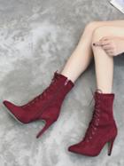 Choies Red Faux Suede Lace Up Pointed Heeled Boots