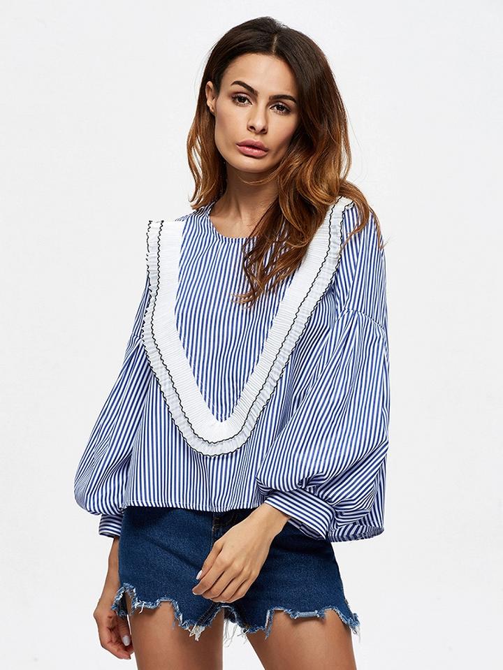 Choies Blue Stripe Ruffled Balloon Sleeve Top