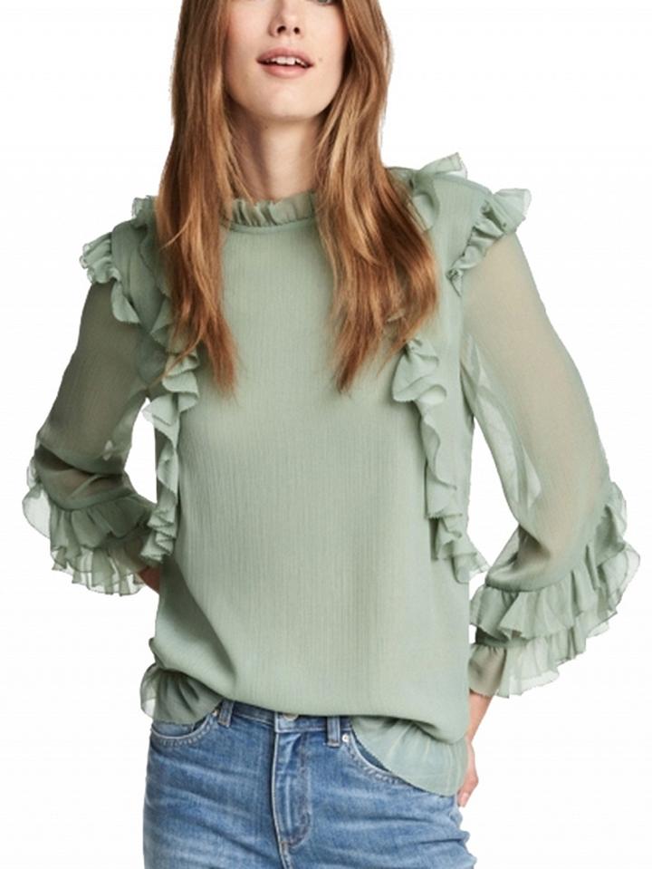 Choies Green Ruffle Trim Long Sleeve Chiffon Blouse