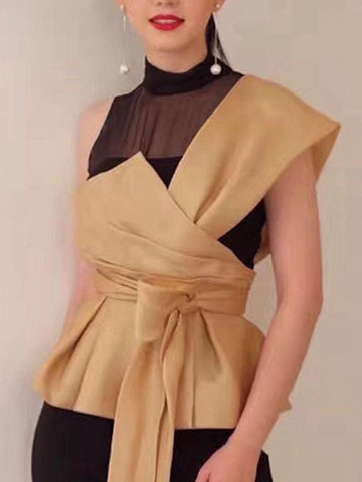 Choies Khaki Contrast Sheer Mesh Panel Tie Waist Peplum Hem Top
