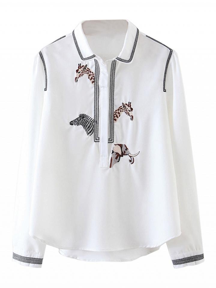 Choies White Embroidery Animal Long Sleeve Shirt