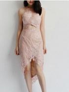 Choies Pink Halter Open Belly Asymmetric Hem Lace Dress