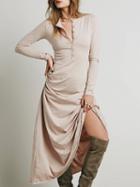 Choies Beige Button Placket Long Sleeve Maxi Dress